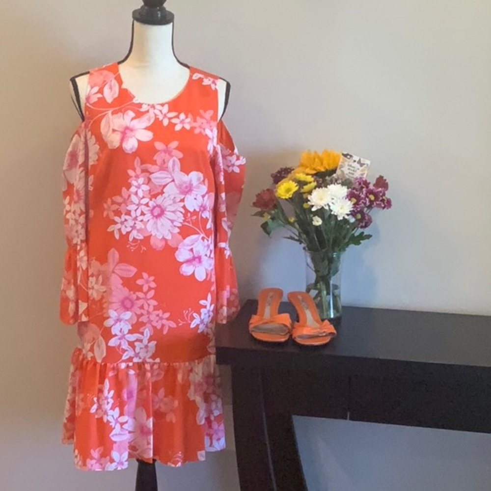 Eliza J cold shoulder dress. Orange and white floral print. Size 12